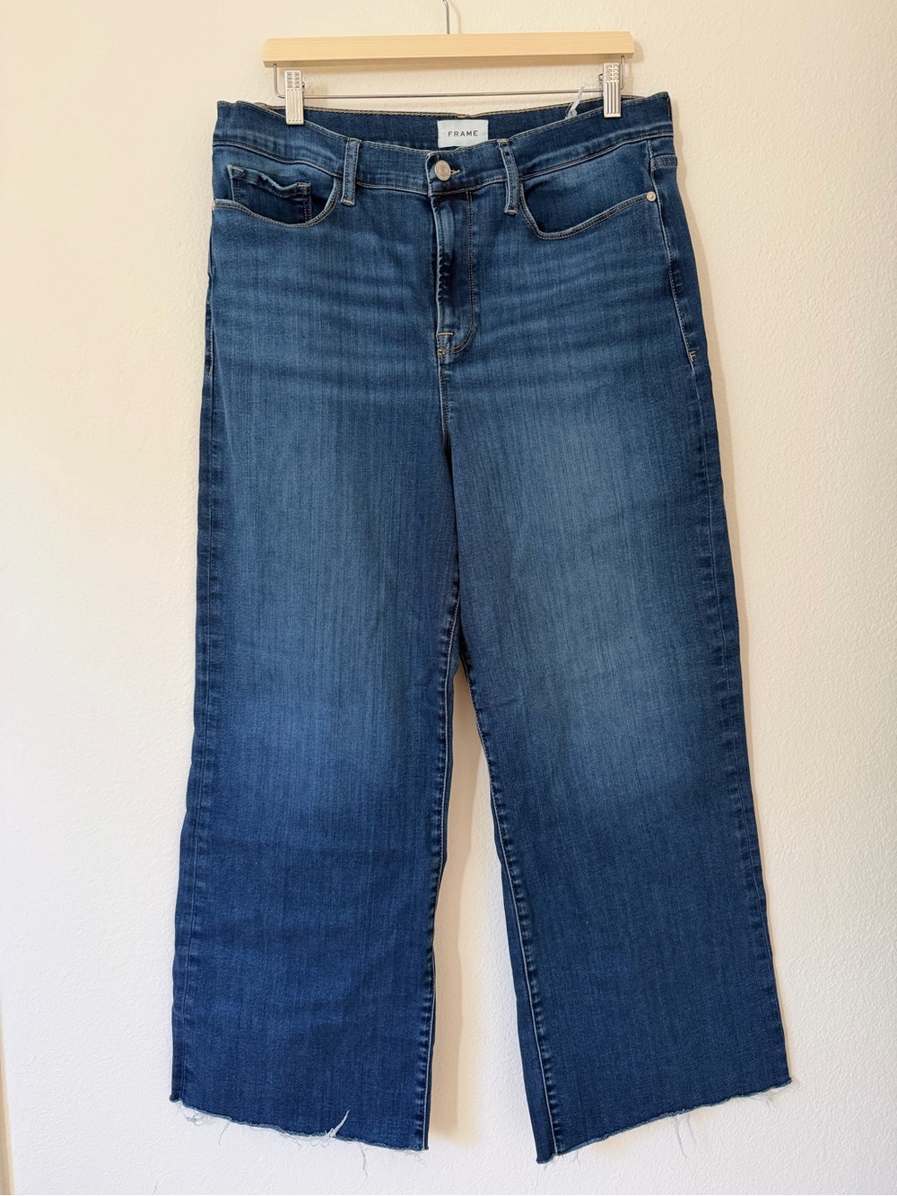 Frame Le Slim Palazzo High Rise Wide Leg Jeans Raw Fray Size 33 Denim Western - Picture 2 of 11